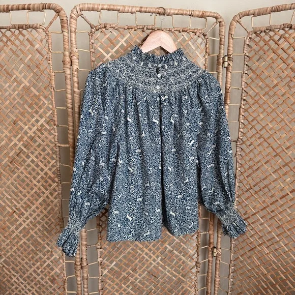 RARE Doen Amoret Floral Prancing Fawn Cottagecore Top in Blue size Small - Picture 12 of 13